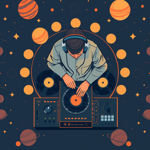 Create a high-quality illustration of a DJ mixing records with a minimalistic style, surrounded by a pattern of planets and stars, shot with a Canon EOS R5 at f/8, ISO 100, 50mm lens, top-down view, sharp focus, and vibrant contrast.