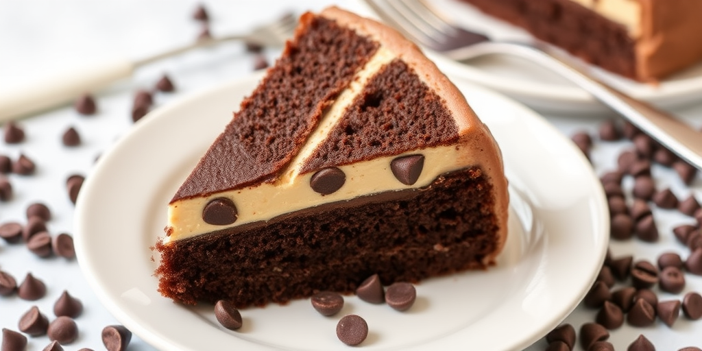 A slice of rich chocolate cake with layers of creamy frosting and a light fluffy filling featuring chocolate chips on a white plate surrounded by chocolate chips and a fork in the background.