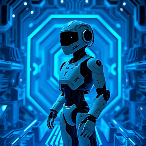 Generate a futuristic image of a humanoid robot standing within a glowing blue circuit board environment, using a Canon EOS R5 with a 24-70mm f/2.8 lens, aperture set to f/4, ISO 100, and a shutter speed of 1/125 sec, captured from an eye-level perspective with a wide-angle view for enhanced depth.