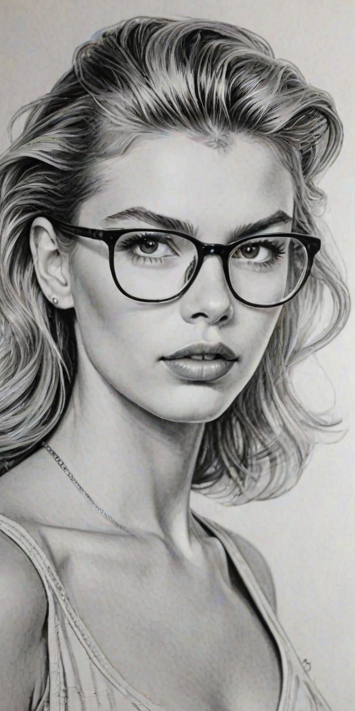 Superb Stella Maxwell, pencil sketch, portrait of Graceful woman 1942s in glasses, hair style beatnik, outline, clear lines, fine lines, 8k