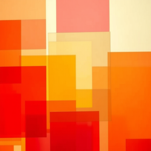 Generate an abstract image of overlapping translucent squares in shades of red, orange, and yellow, captured with a DSLR camera at f/8 aperture, ISO 200, 50mm lens, natural light, focus on vibrant color saturation and depth of field for a visually striking composition.