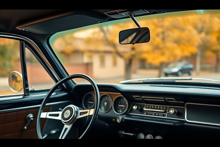 Capture the interior of a classic car with a focus on the dashboard and steering wheel, shot from the driver's perspective, with a 35mm lens, f/2.8 aperture, ISO 200, 1/125 sec exposure, with vibrant autumn foliage in the background and soft natural lighting.