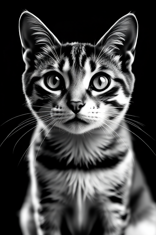 Generate a minimalistic black and white illustration of a cat, close-up view, shot with a DSLR camera at f/2.8, ISO 100, 50mm lens, natural lighting for sharp details and smooth bokeh effect.