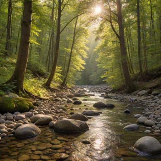 Create an image of a serene, sunlit forest scene with a clear, gently flowing river. Tall trees with lush green foliage line both sides of the river, their leaves bathed in the warm golden light of the setting or rising sun. The sunlight filters through the trees, casting soft, dappled light on the river, which flows over smooth rocks and pebbles, creating a peaceful, natural atmosphere. The sky is bright with a few scattered clouds, and the overall mood is tranquil, evoking a deep sense of connection with nature. The image captures the beauty of a calm, pristine forest landscape at either dawn or dusk.