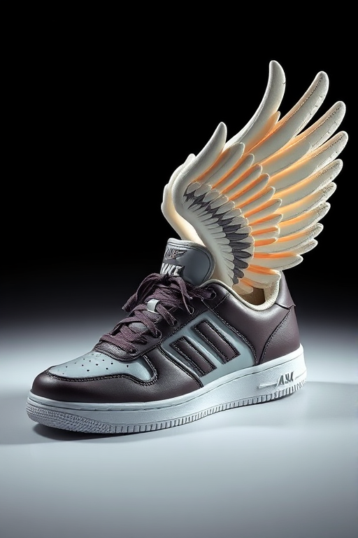 Create a high-resolution image of a stylized sneaker with wings, shot in high contrast, using a DSLR camera with a 50mm lens, aperture set to f/1.8, ISO 100, and in a soft-lit studio setting for enhanced clarity and detail.