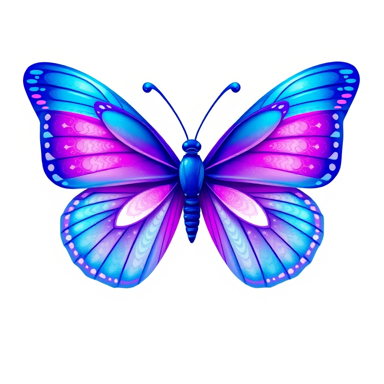 Generate an illustration of a butterfly with vibrant colors. The wings should have a gradient of blue and purple with hints of pink and white. The design should be intricate, showcasing delicate patterns and textures on the wings. The butterfly should appear elegant and ethereal, set against a simple background to emphasize its beauty.