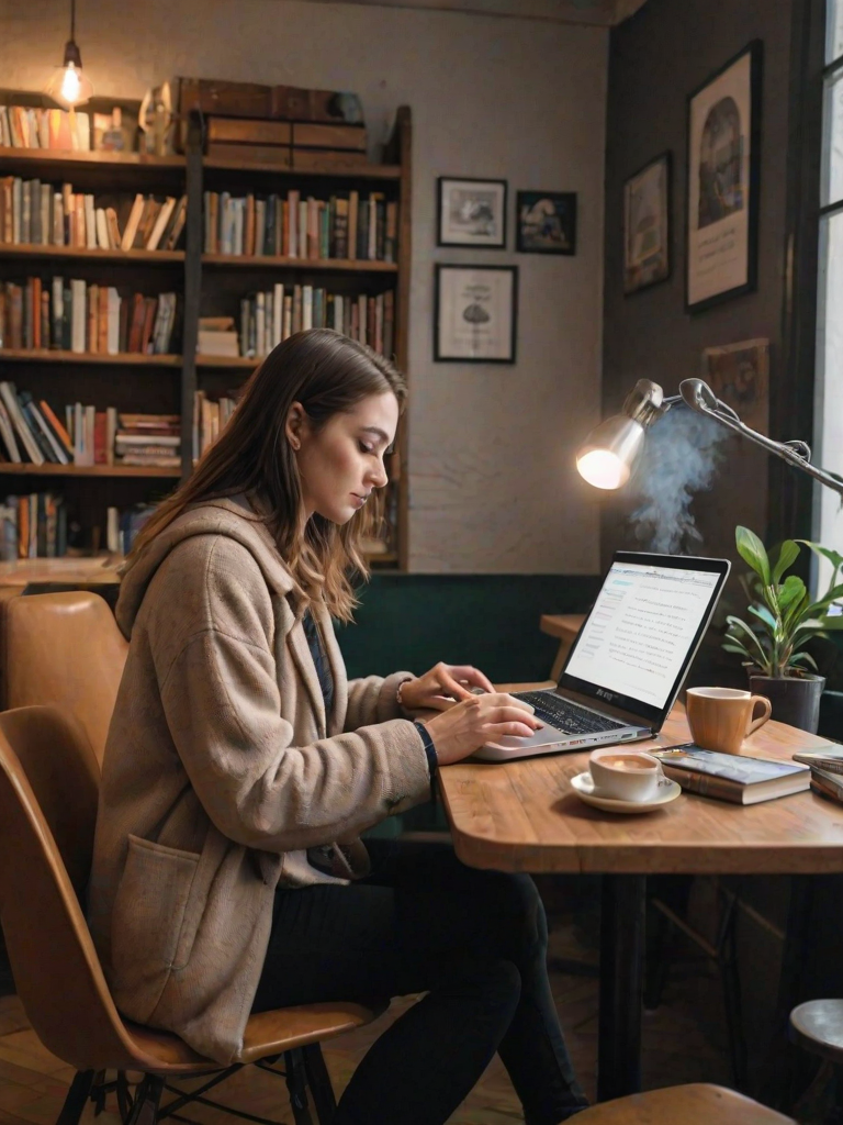 Cozy corner of a café, with a woman typing on her laptop, surrounded by books and a steaming cup of coffee, soft jazz music playing in the background, creating a perfect workspace.