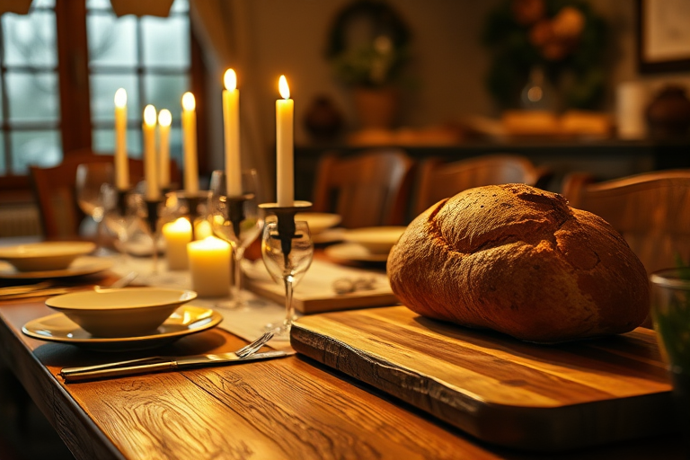 Warmly lit photo of a rustic dining room set for dinner, with soft candlelight reflecting off the tableware, and a loaf of freshly baked bread resting on a wooden cutting board.