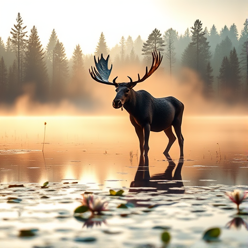 Create a serene landscape featuring a majestic moose standing in a tranquil lake surrounded by lily pads, early morning mist in the background, with a focus on soft sunlight filtering through the trees, captured with a DSLR camera at f/8 aperture, ISO 200, 50mm lens, with a shallow depth of field to emphasize the moose, in a high-resolution, realistic painting style.