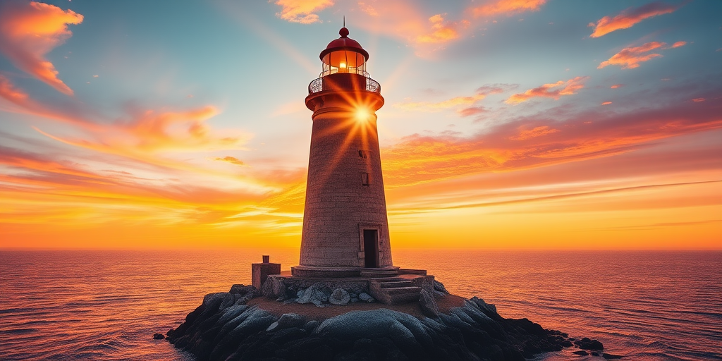Generate an image of a tall lighthouse perched on a rocky outcrop surrounded by calm ocean waters during a breathtaking sunset. The lighthouse stands sturdy and weathered, its stone surface illuminated by the warm golden light of the setting sun. The sun's rays pass directly through the glass lantern room at the top of the lighthouse, casting a brilliant light across the scene. The sky is painted with vibrant shades of orange, pink, and purple, reflecting off the tranquil sea. The surrounding water shimmers with the same warm hues, creating a serene and majestic atmosphere.