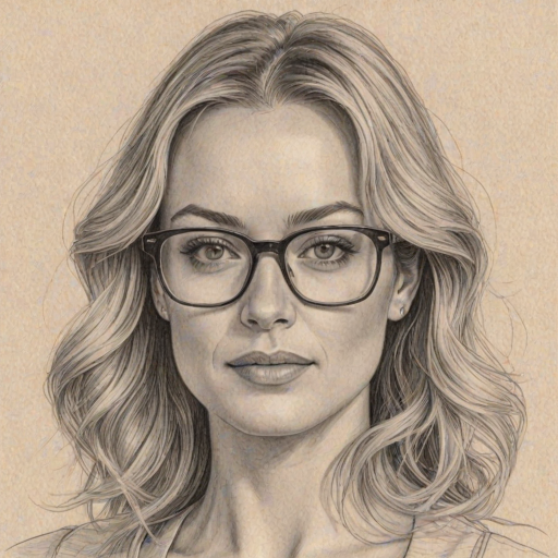 Gorgeous Yvonne Strahovski, pencil sketch, portrait of Charming woman 1978s in glasses, hair style beatnik, outline, clear lines, fine lines, 8k