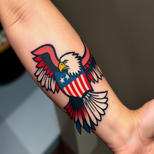 Bold American traditional eagle on forearm, vivid red and blue accents, sharp black outlines, classic styling with modern twist in coloration