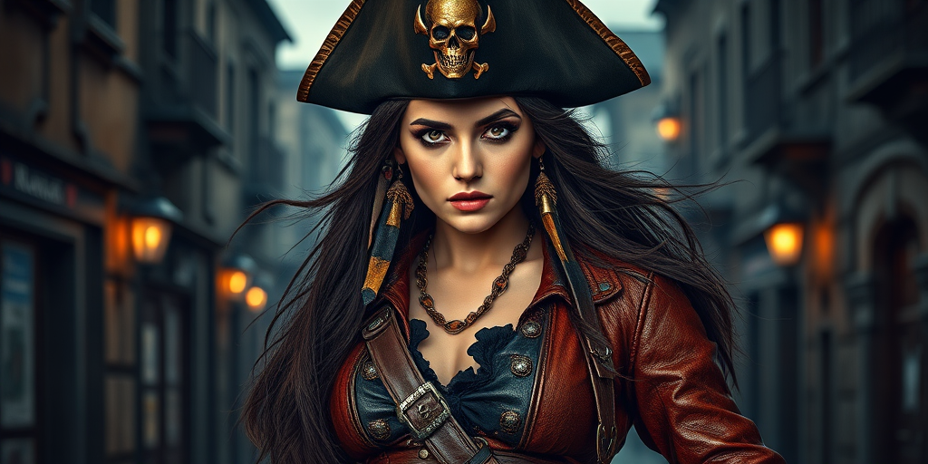 Create a portrait of a fierce female pirate. She wears a leather tricorn hat adorned with a skull and crossbones emblem, and her long, dark hair flows around her face. Her outfit consists of a richly detailed leather jacket, a corset, and multiple layers of belts and accessories, giving her a formidable and stylish appearance. She stands confidently in a dimly lit, historic port town, with a backdrop of weathered buildings and cobblestone streets, capturing the adventurous spirit of a pirate.