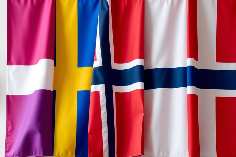 Create an image of five Nordic flags arranged in a row, including the Danish, Swedish, Norwegian, Finnish, and Icelandic flags, shot with a high-resolution digital camera at ISO 100, f/8 aperture, 50mm lens, with a slight depth of field and vibrant colors.
