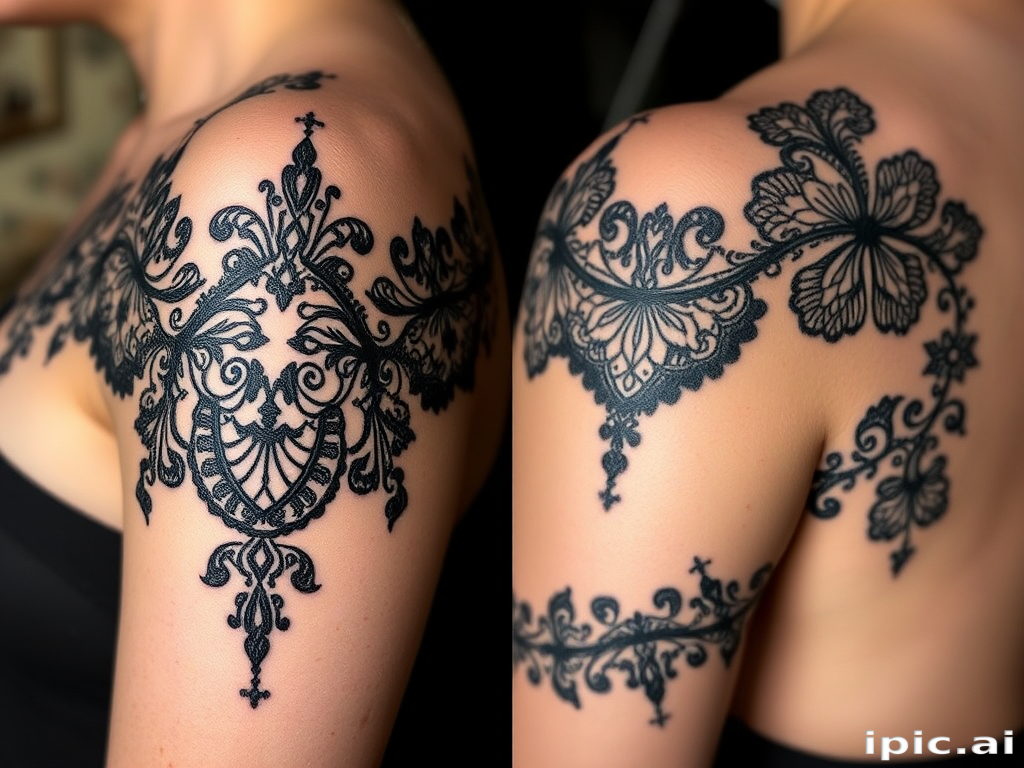 Ornamental blackwork tattoo titled "Lace Elegance" showcasing intricate patterns inspired by delicate lace designs, creating the illusion of fabric adorning the skin with meticulous attention to detail