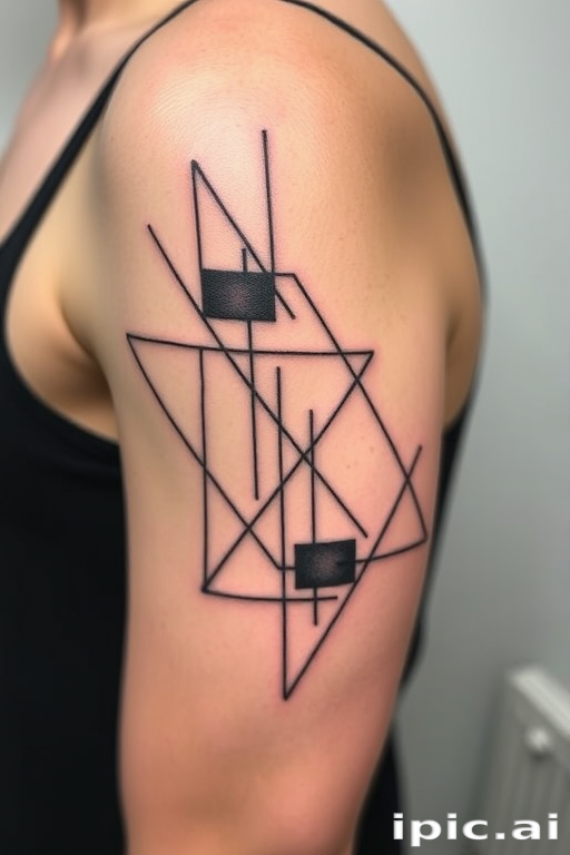 Abstract geometric tattoo featuring interconnected shapes and lines in varying thicknesses, creating a modern and dynamic composition that flows with the contours of the bicep