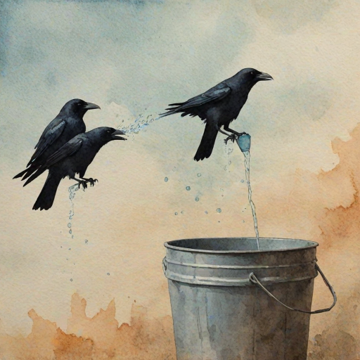 Create a watercolor painting of the silhouette of crows drinking water from a bucket, with muted colors and a textured background.