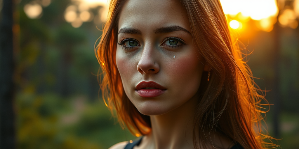 Create a hyper-realistic portrait of a woman with tears streaming down her face, set against a vibrant sunset in a lush forest, with a focal length of 50mm, aperture of f/1.8, ISO 100, and soft lighting for enhanced depth and emotional expression, using a DSLR camera.