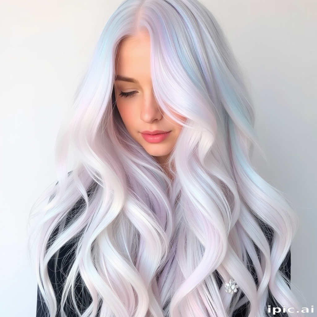 Ethereal image showcases Opal Dreamscape long hair, iridescent white base with pastel pink, blue, and lavender highlights, styled in loose ethereal waves with crystal hair pins