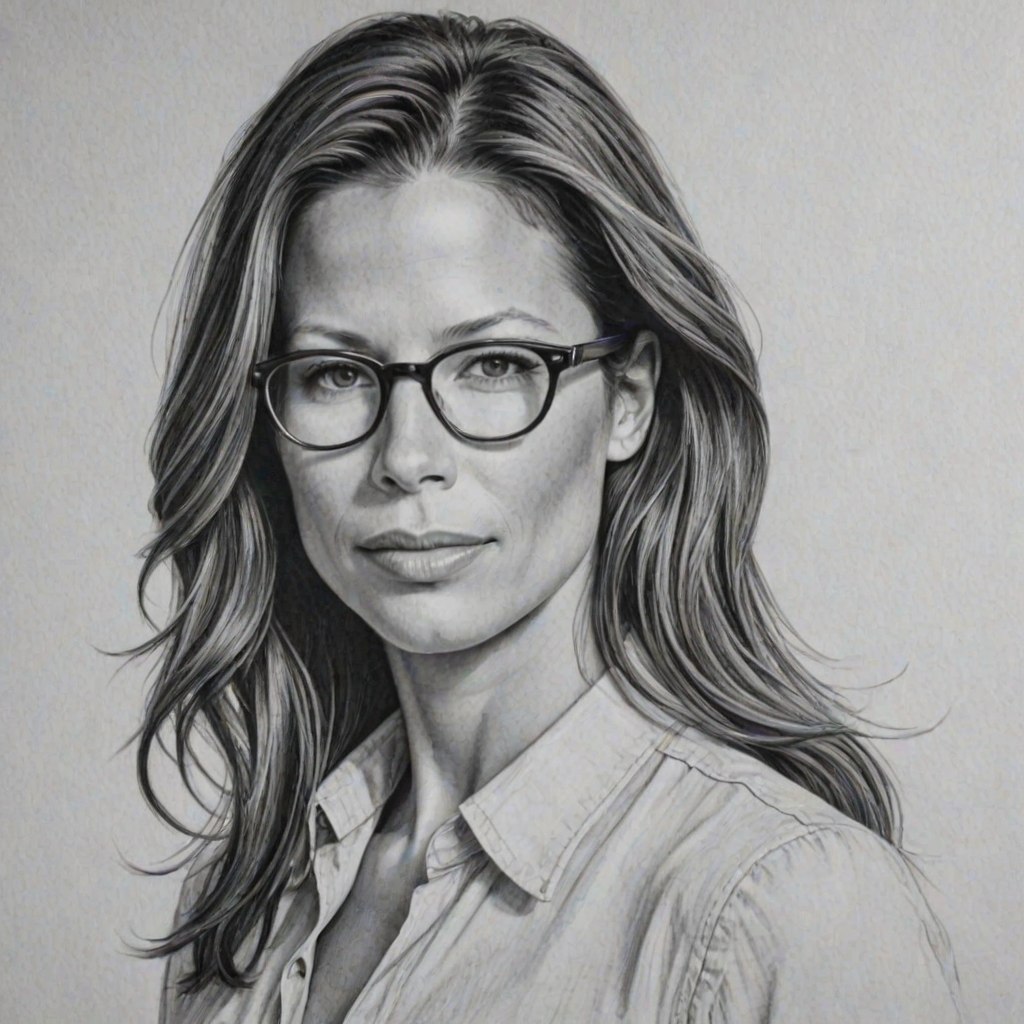 Lovely Rhona Mitra, pencil sketch, portrait of Superb woman 1944s in glasses, hair style beatnik, outline, clear lines, fine lines, 8k