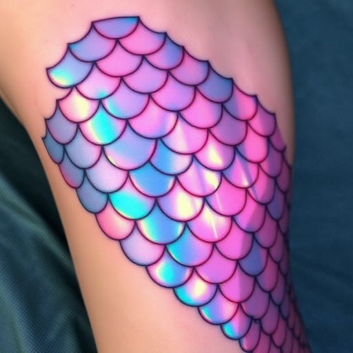 Iridescent mermaid scale tattoo named "Siren's Song" covering a large area of skin with overlapping scale patterns that shift in color as light moves across the surface holographic ink creates a mesmerizing rainbow effect mimicking the magical appearance of mythical sea creatures intricate details within each scale add texture and depth