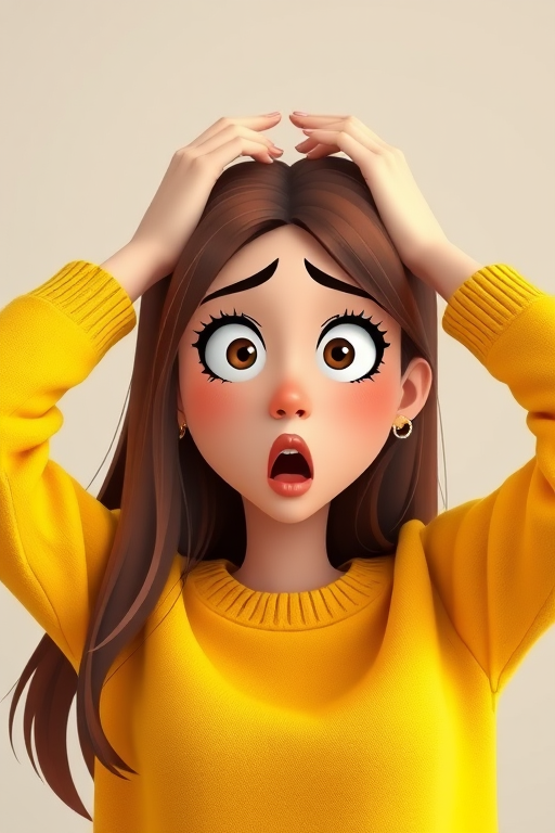 Regenerate a cartoon character of a surprised young woman with medium brown hair in a yellow sweater, hands on her head, expression of shock, minimalist background, shot with a Canon EOS R5, 50mm lens, f/2.8 aperture, ISO 100, and soft lighting for enhanced quality.
