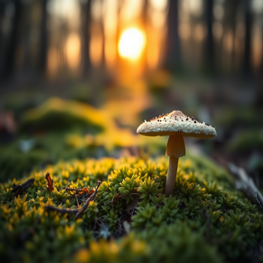 mushroom growing on mossy ground in a forest during golden hour, shallow depth of field, aperture f/2.8, ISO 100, shutter speed 1/200 sec, DSLR camera, macro lens, natural lighting