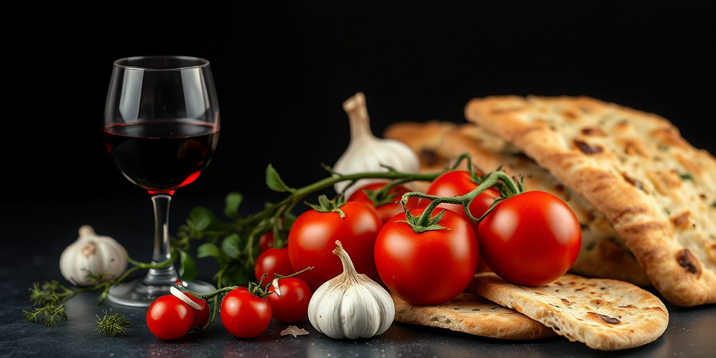 a still life composition featuring a glass of red wine, fresh vine tomatoes, garlic, and several pieces of flatbread, shot with a Canon EOS 5D Mark IV, 50mm f/1.4 lens, aperture f/2.8, ISO 100, in soft diffused lighting against a black background for enhanced depth and detail