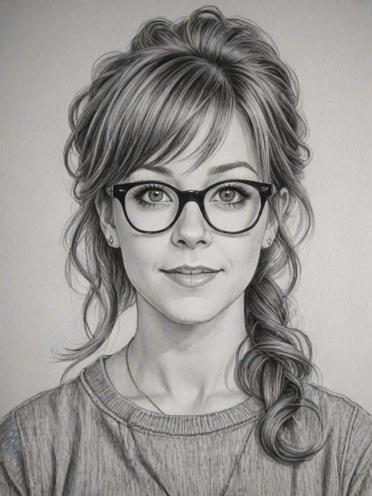 Gorgeous Lindsey Stirling, pencil sketch, portrait of Radiant woman 1954s in glasses, hair style beatnik, outline, clear lines, fine lines, 8k
