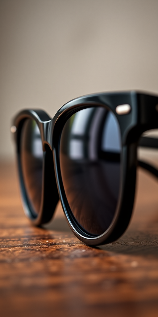 Create a high-resolution image of a pair of stylish black sunglasses, with a focus on sharp edges and reflective lenses, using a DSLR camera with a 50mm lens, aperture f/1.8, ISO 100, and a shallow depth of field to enhance background blur.