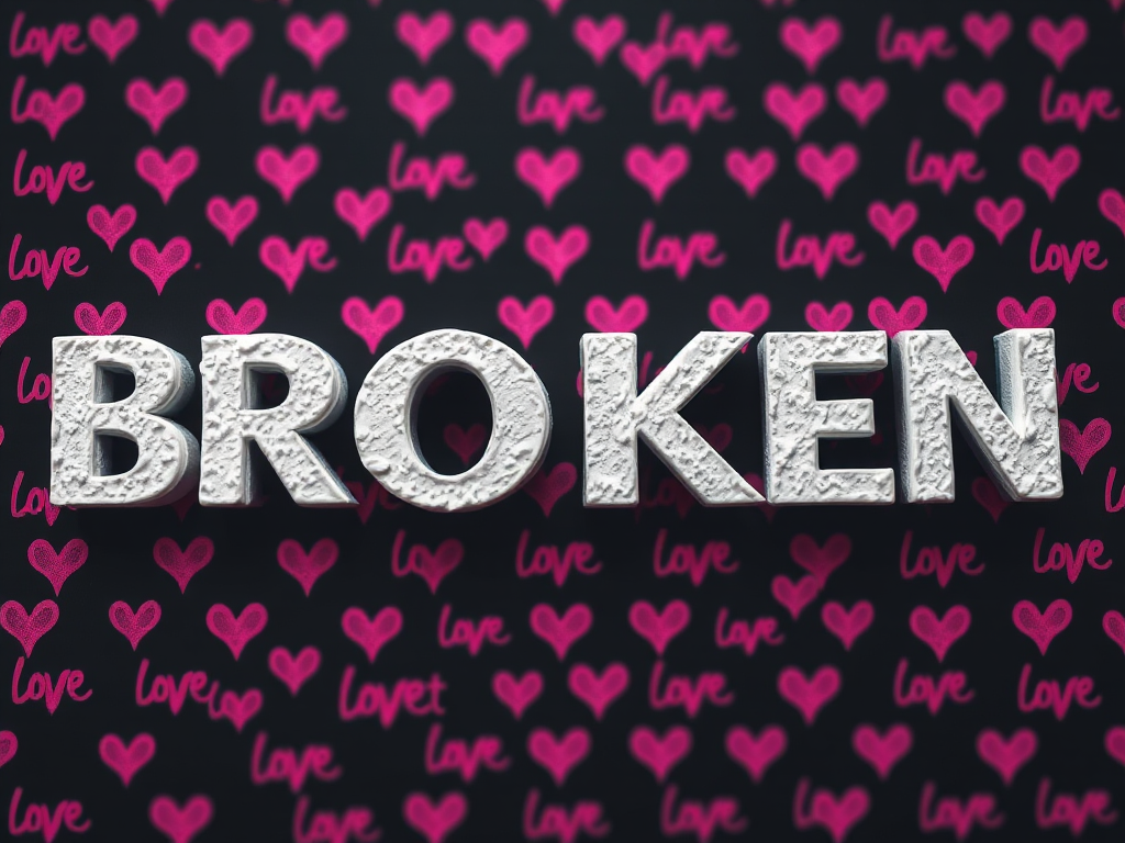 Create an image of the word BROKEN in large, textured white letters on a dark background filled with repeated smaller pink text that says heart, use a DSLR camera with a 50mm lens, aperture f/2.8, ISO 100, and a focus on the main word to create bokeh effect for depth.