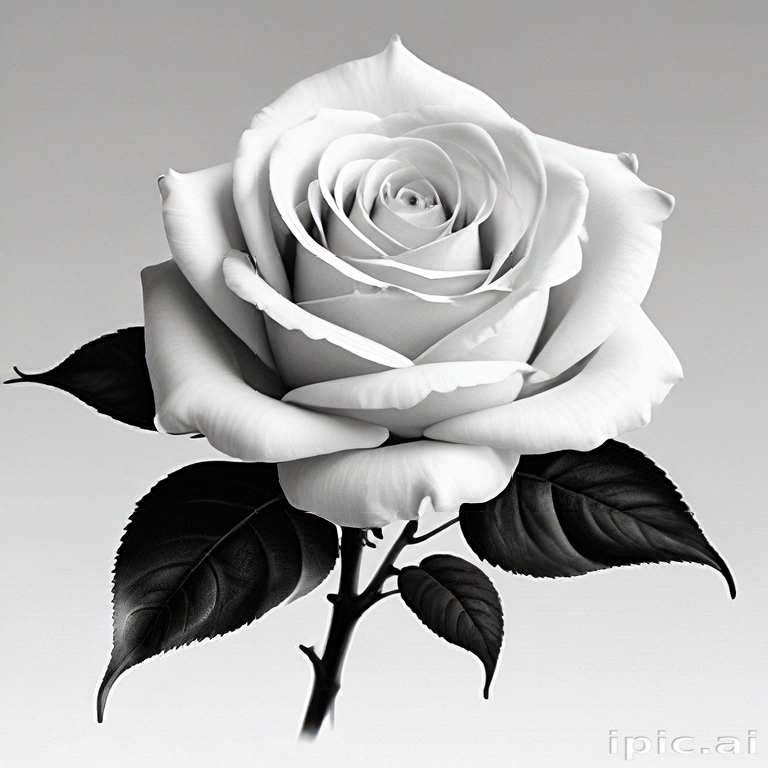 Elegant Black and White Rose with Delicate Petals and Lush Green Leaves