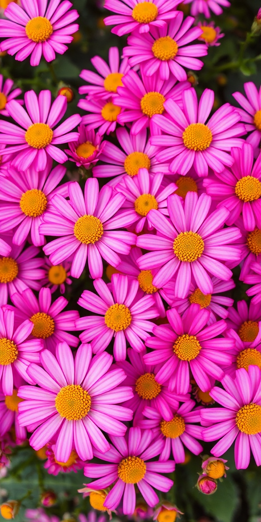 Create an image of a vibrant field of pink flowers with golden centers, using a macro lens at f/2.8, ISO 100, 1/250 sec shutter speed, top-down view, styled as a high-resolution digital photograph capturing the intricate details and textures of the petals.
