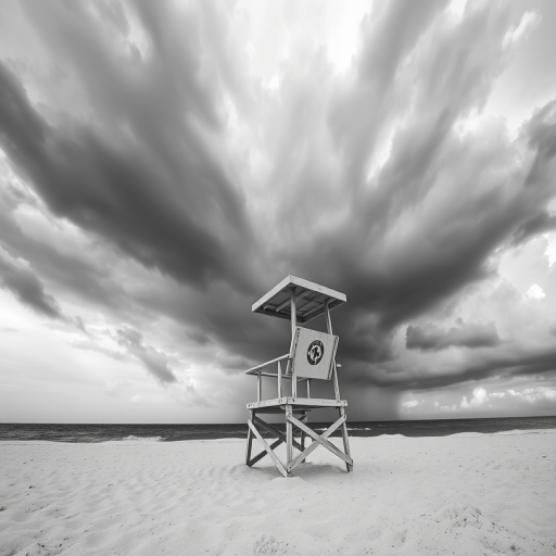 high-contrast black and white image of a lifeguard chair on a beach with dramatic storm clouds overhead, shot with a Canon EOS R5, 24mm lens, f/8 aperture, 1/250 sec shutter speed, ISO 100, wide angle view, meticulous detail, low angle perspective