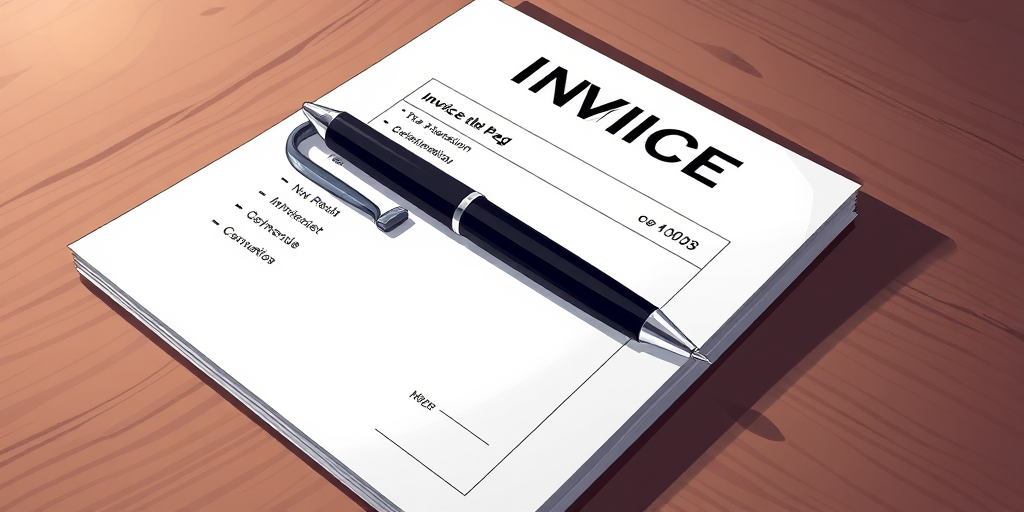 Create an illustration of an invoice pad with a sleek black pen resting on top, using a high-resolution digital art style; camera settings: aperture f/2.8, ISO 100, shutter speed 1/125s; camera view: overhead shot capturing the entire pad and pen; camera type: DSLR.