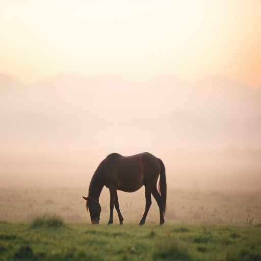 Softly focused photo of a lone horse grazing in a fog-covered meadow at dawn, soft morning light casting a serene atmosphere, with distant mountains barely visible through the mist.