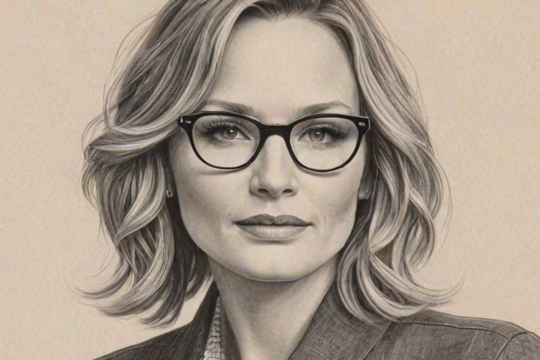 Graceful Jennifer Nettles, pencil sketch, portrait of Magnificent woman 1957s in glasses, hair style beatnik, outline, clear lines, fine lines, 8k