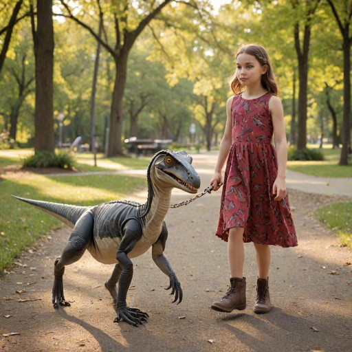 12 year old girl in a dress walking her pet Velociraptor on a leash through a park