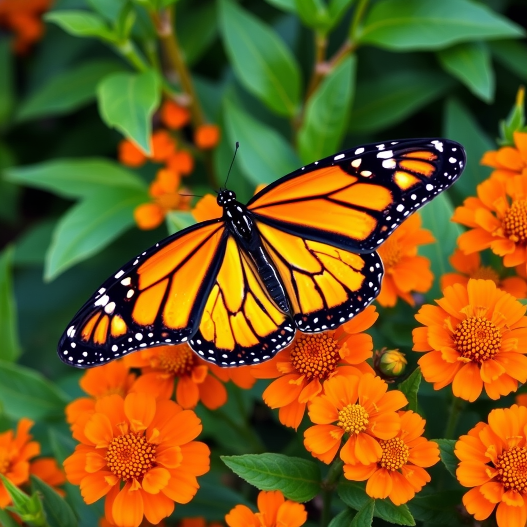 Generate an image of a vibrant monarch butterfly perched on bright orange flowers surrounded by lush green leaves, capturing the details of the butterfly's striking black and orange patterns and the texture of the flowers and foliage.