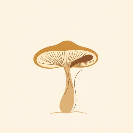 Create a minimalist abstract illustration of a mushroom with curved lines and shapes in earthy tones on a light beige background, captured with a 50mm lens at f/2.8, ISO 100, in natural light, using a DSLR camera for enhanced detail and clarity.