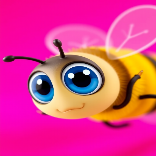 Create a cute cartoon bee with big blue eyes and transparent wings, against a vibrant pink background, using a Canon EOS R5, 50mm lens, f/1.8 aperture, and soft focus to enhance colors and details.