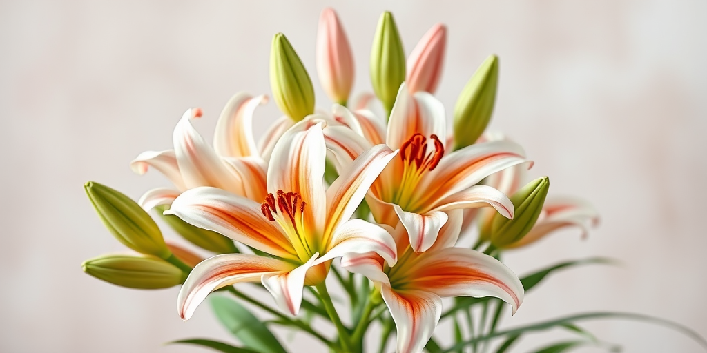 Create a vibrant illustration of a cluster of lilies with detailed petals and leaves against a soft blurred background, using a Canon EOS R5, f/2.8 aperture, ISO 100, 50mm lens, natural light for enhanced color and clarity.