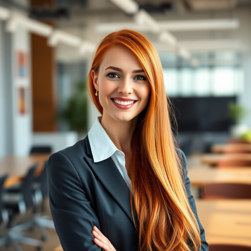 Generate a professional portrait of a businesswoman with long red hair and a confident smile in a modern office environment, using a Canon EOS R5 with a 50mm f/1.2 lens, aperture set to f/1.8, ISO 100, with a shallow depth of field to create a blurred background effect and soft natural lighting.