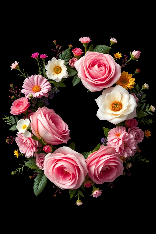 create a floral wreath illustration with pink roses and assorted flowers on a black background, using a Canon EOS 5D Mark IV, ISO 100, f/8, 50mm lens, high-resolution, soft lighting, focus on vibrant colors and intricate details.
