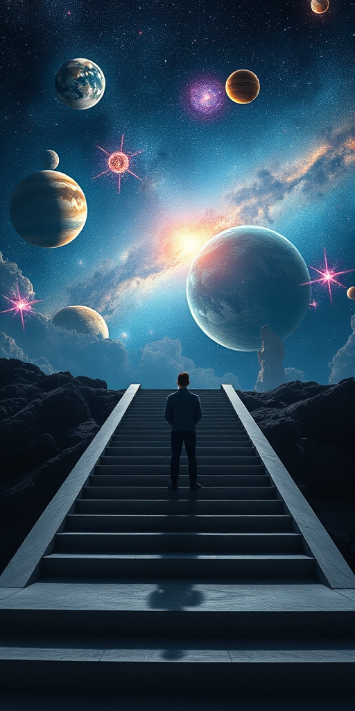a person standing on stairs leading to a cosmic scene with planets and galaxies, wide-angle view, 24mm lens, f/2.8 aperture, ISO 100, shot on a full-frame DSLR, high dynamic range imaging, vibrant colors and deep contrast