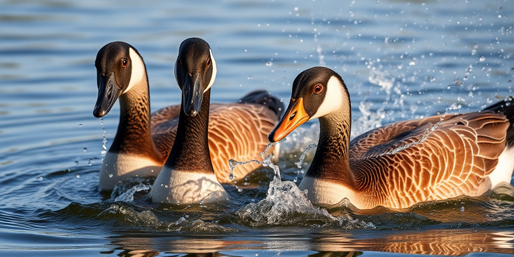 Capture a close-up of two Canadian geese splashing in water, using a DSLR camera with a 100mm lens, aperture set to f/4 for a shallow depth of field, ISO 200 for optimal light, shooting in RAW format at a fast shutter speed of 1/1000s to freeze the motion of the water droplets, and focus on the details of the feathers and water.