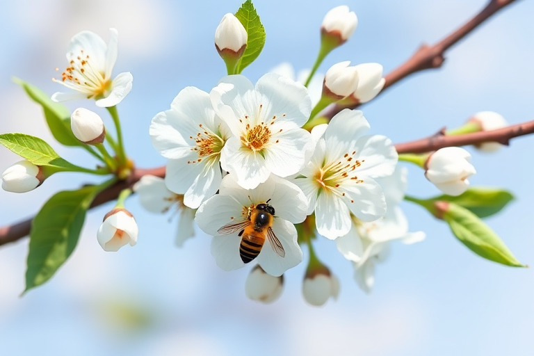 highly detailed illustration of a blooming apple tree branch with white flowers and a bee, soft blue background, natural light, macro view, digital art style, high resolution, aperture f/2.8, shutter speed 1/125s, ISO 100