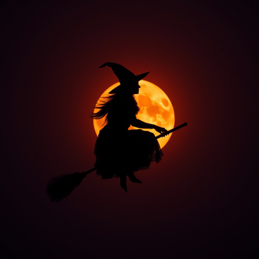 Double exposure, a silouette of a witch on a broomstick centered in the middle of an blood orange full moon.  Any suggestions on getting a good image of a witch on a broomstick centered in the middle of an blood orange full moon.  I tried different generators and changed the wording around.