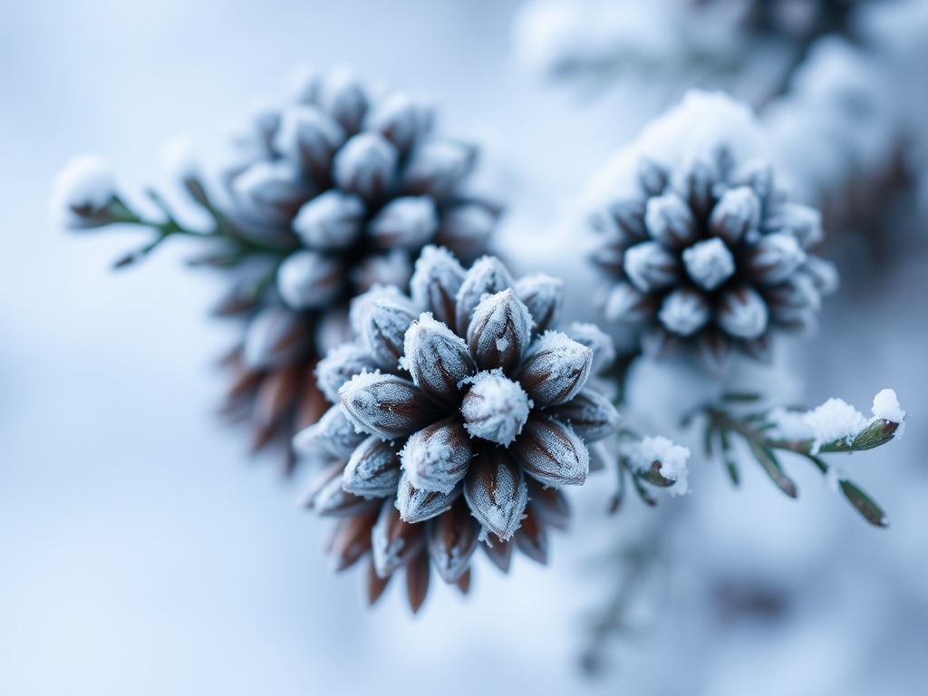 frosted pinecones on branches with snow, soft focus, macro lens, f/2.8 aperture, 50mm lens, natural light, shallow depth of field, ISO 100, light blue background