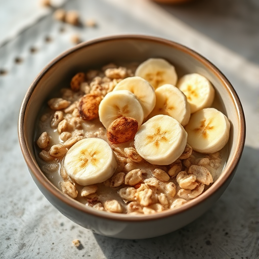 A close-up shot of a bowl of oatmeal topped with sliced bananas on a textured table, using a DSLR camera with a 50mm lens, aperture set to f/1.8, ISO 100, natural light for enhanced clarity and warmth.